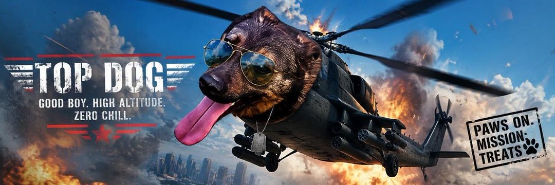 Top Dog recruitment poster: a helicopter with a dog's head, tongue out, flying over a burning city skyline